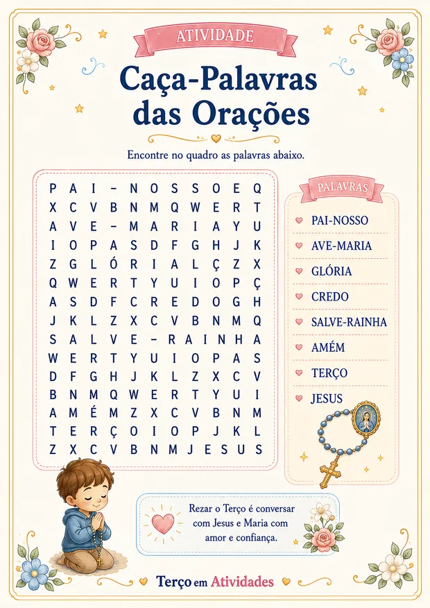 Caça-Palavras das Orações: encontrar Pai-Nosso, Ave-Maria, Glória, Credo, Salve-Rainha e mais
