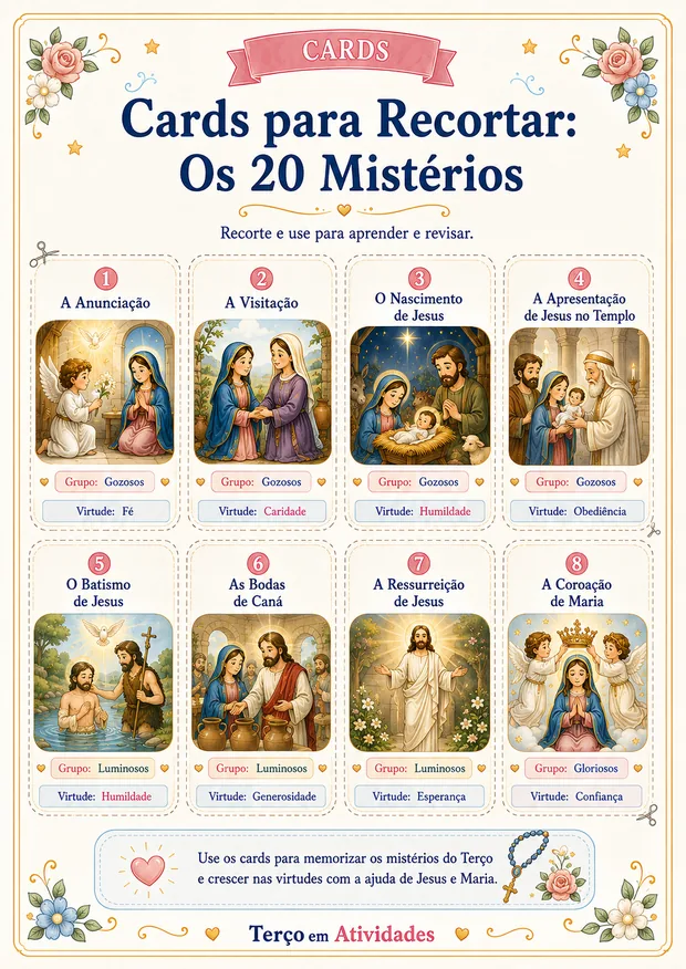 Cards para recortar dos 20 mistérios, com grupo e virtude de cada um