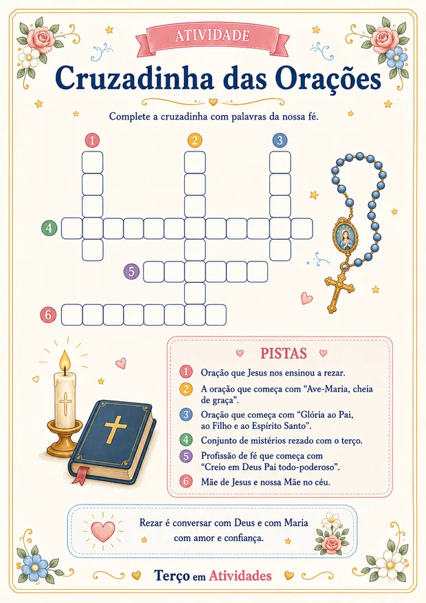 Cruzadinha das Orações com pistas sobre Pai-Nosso, Ave-Maria, Glória, Credo e mistérios