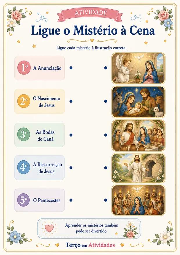 Atividade Ligue o Mistério à Cena: criança liga cada mistério à ilustração correta