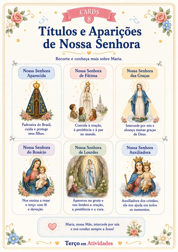 Cards dos títulos e aparições de Nossa Senhora: Aparecida, Fátima, Graças, Rosário, Lourdes e Auxiliadora