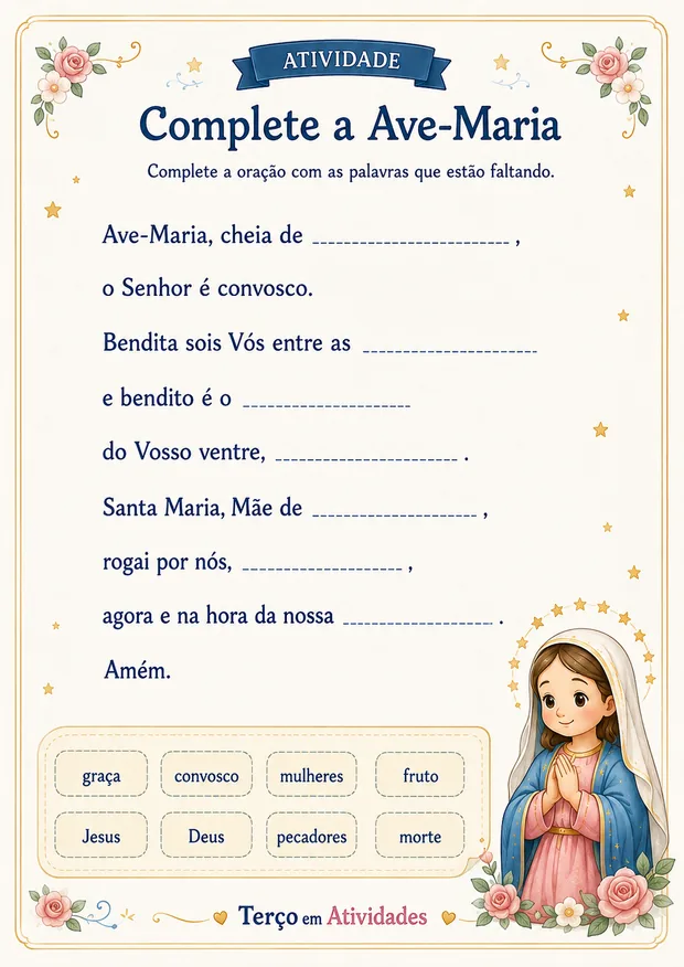 Atividade Complete a Ave-Maria: criança preenche as palavras que faltam na oração